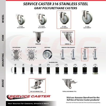Service Caster 4 Inch 316SS Gray Polyurethane Swivel 10mm Threaded Stem Caster Brake, 2PK SCC-SS316TS20S414-PPUB-M1015-2-TLB-2